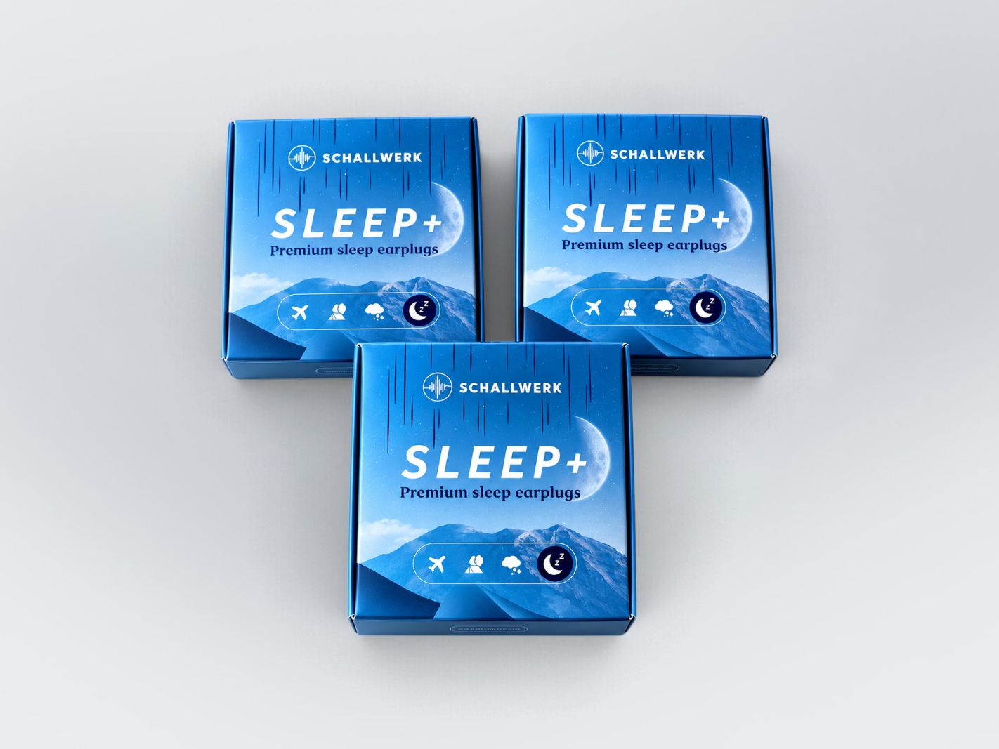 sleep plus, premium sleep earplugs, blaue verpackung, verpackung, gehörschutz
