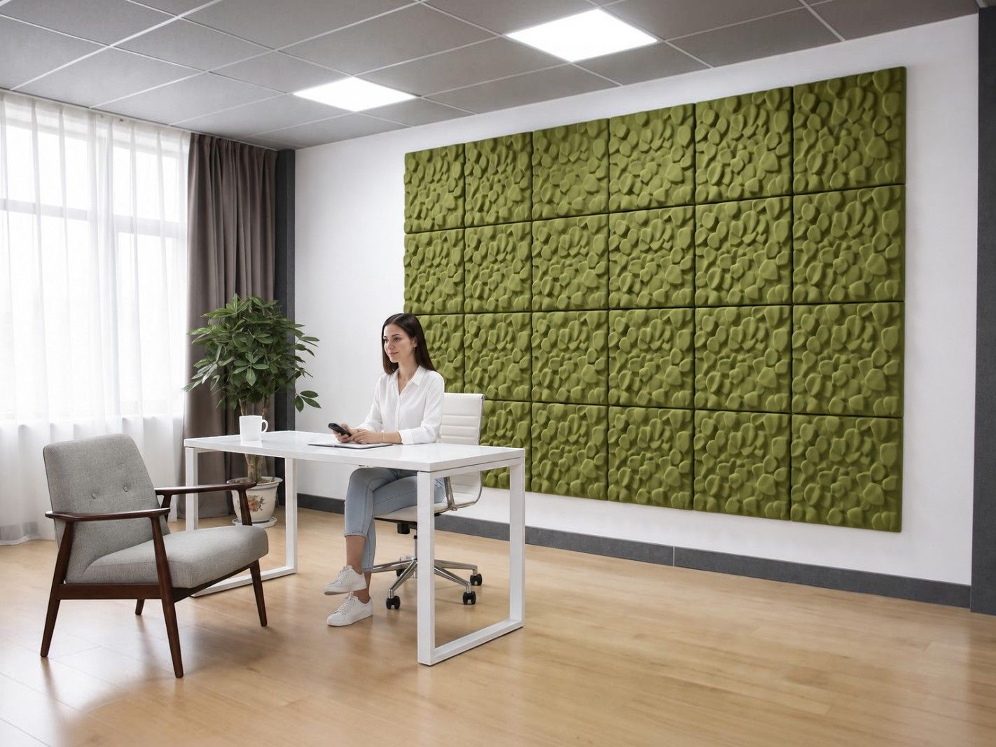 Büro, Schreibtisch, grüne Wand, Kammer?, Frau am Schreibtisch