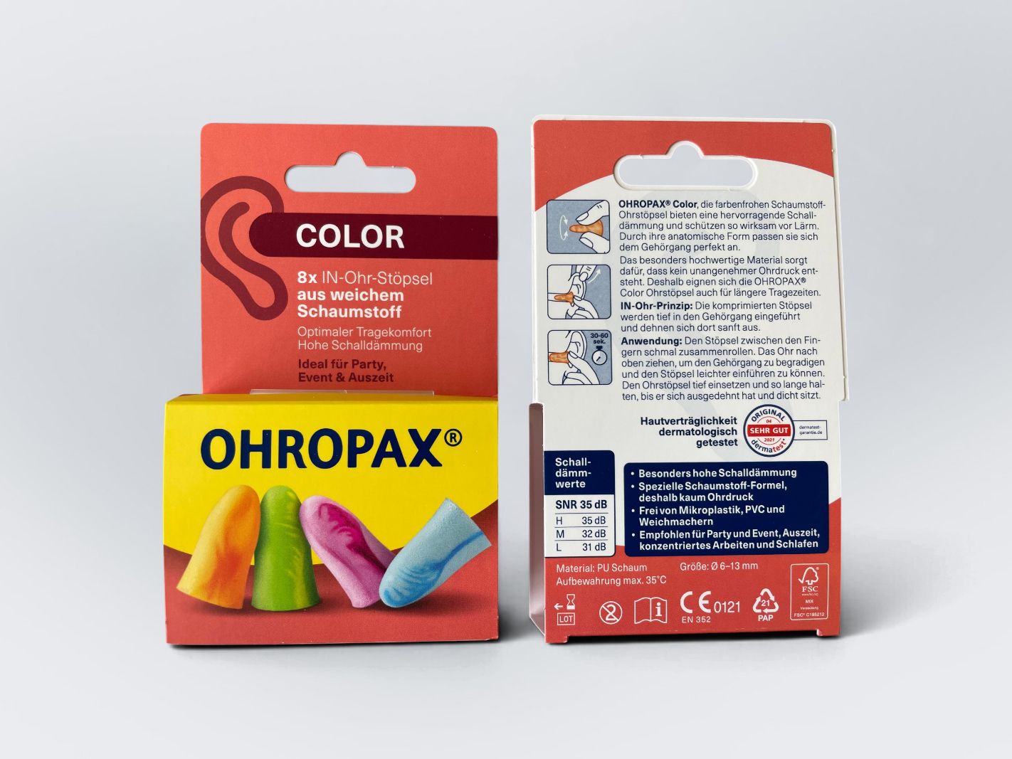 Ohropax, Ohrstöpsel, Schaumstoff, Farbig, Packung