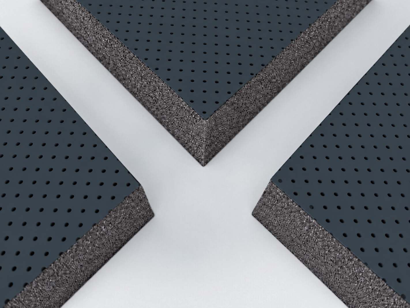 Perforiertes Metall, Schaumkante, stahlgrau, Schichtige Winkel, Eckendetail