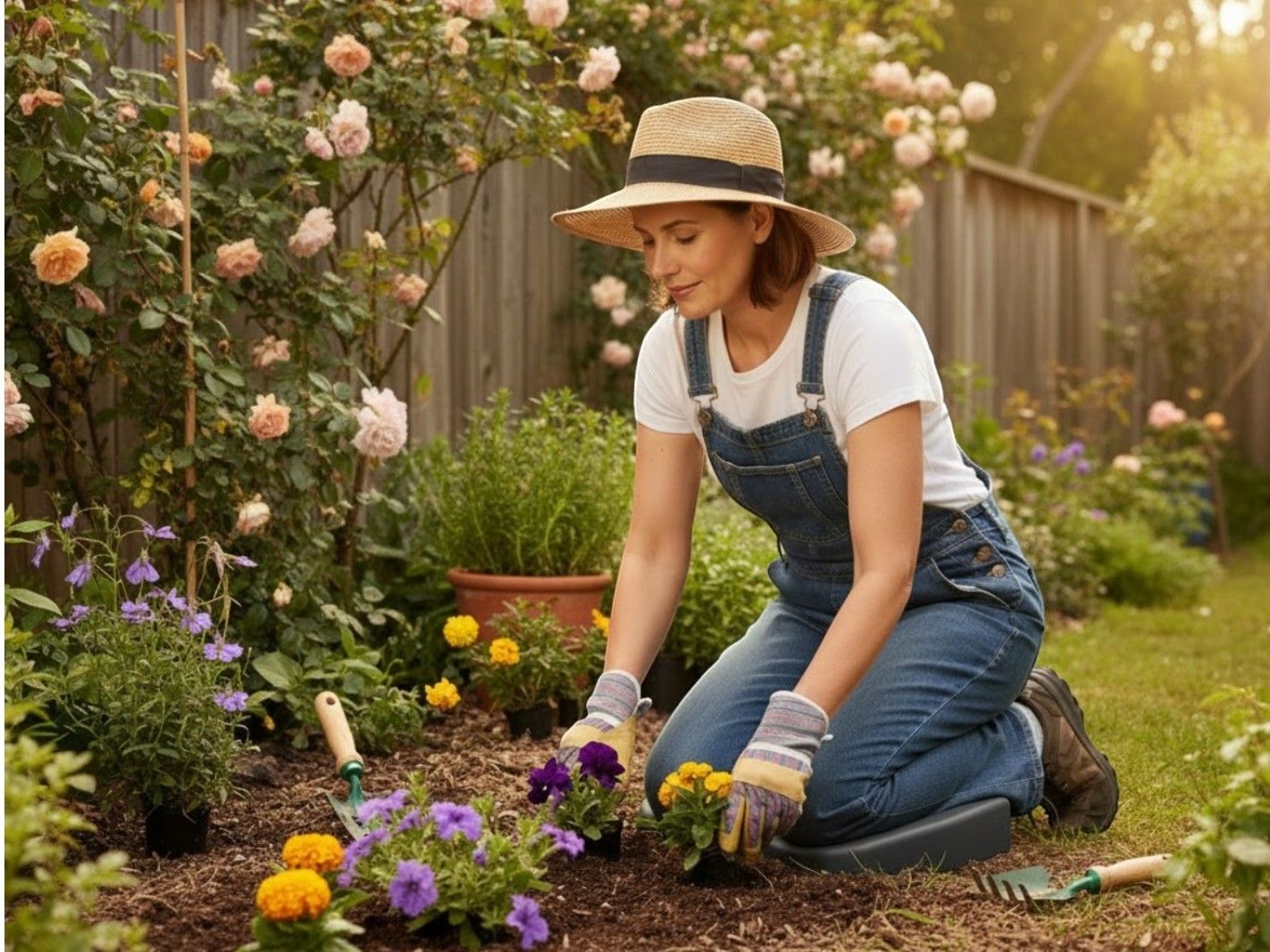 Gartenarbeit, Gartenpflegerin, Jeanslatz, Strohhut, Blumenbeet