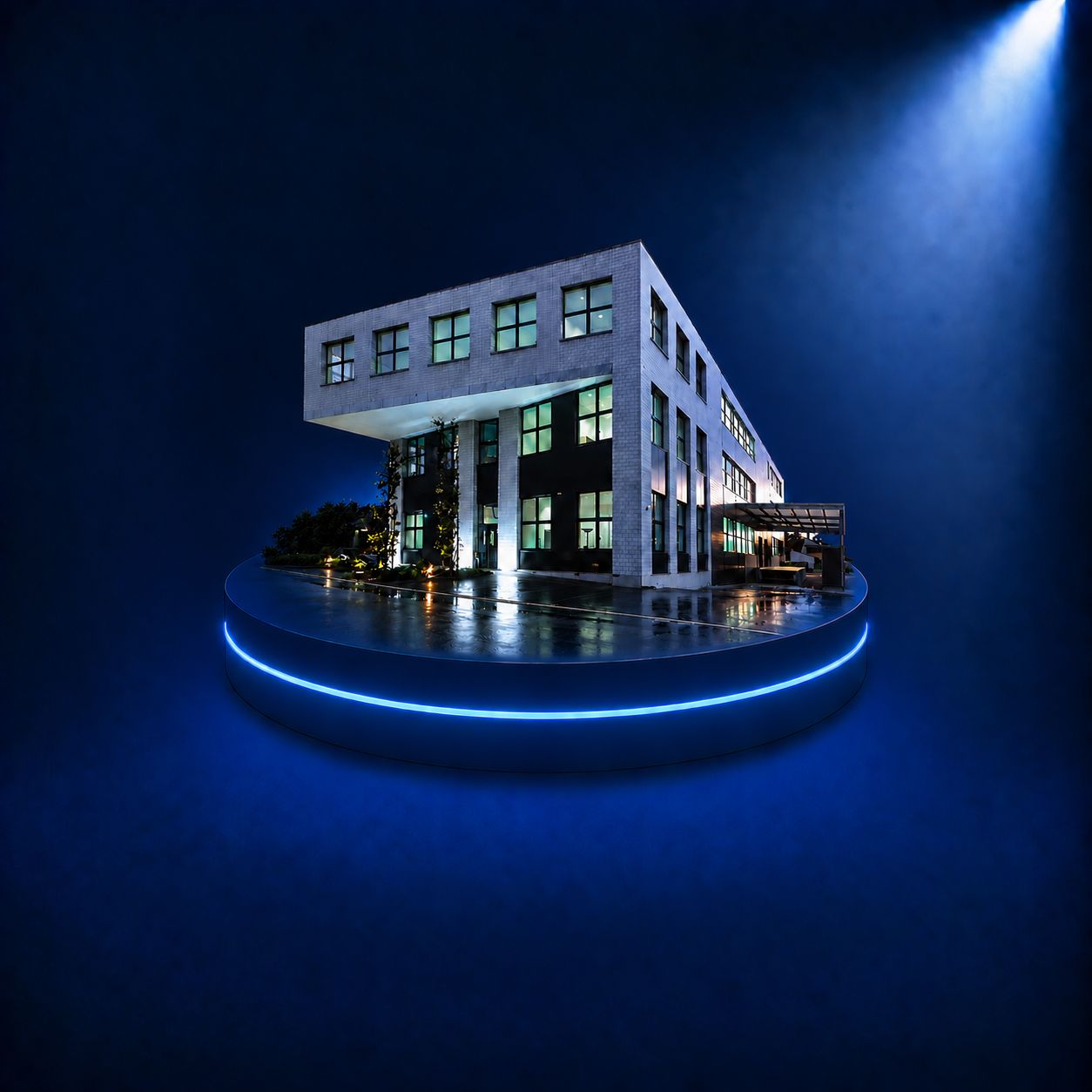 Bürogebäude, moderne Architektur, Glasfassade, beleuchtete Fenster, blaue Beleuchtung
