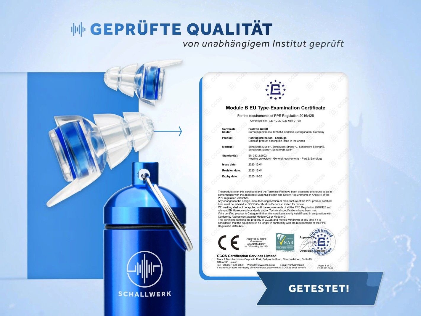 gehörschutz, gehörschutz-schutz, zertifikat, blau-flasche, ausstellungsanzeige