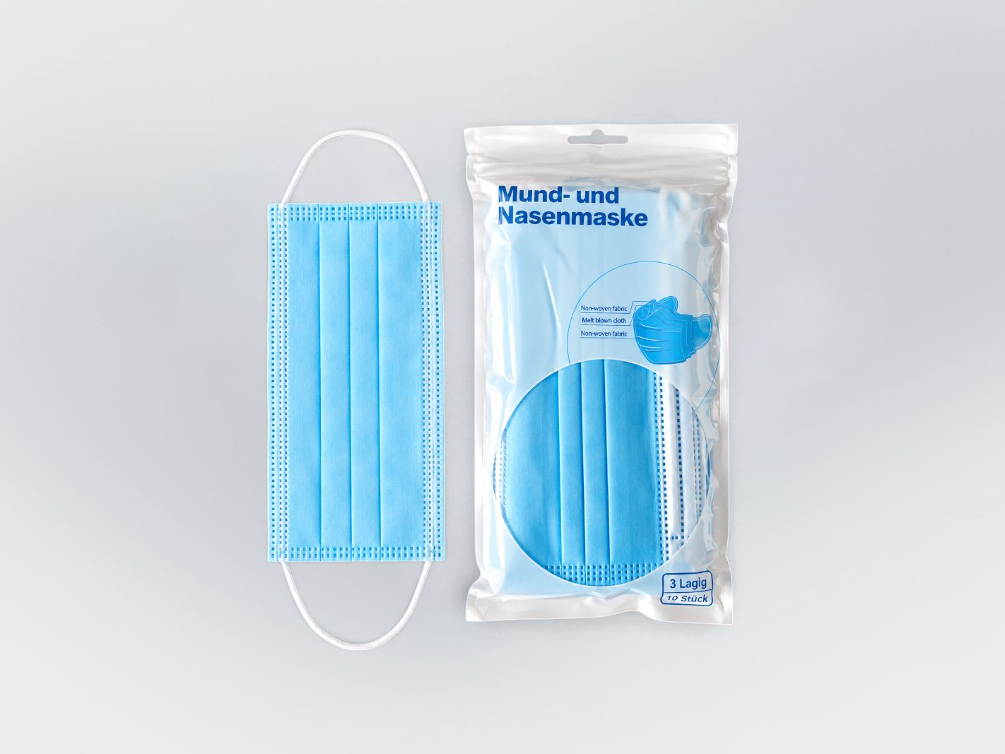 Mund-Nasenmaske, Medizinische Maske, Einwegmaske, Hygienemaske, Trockenes Packungsbild